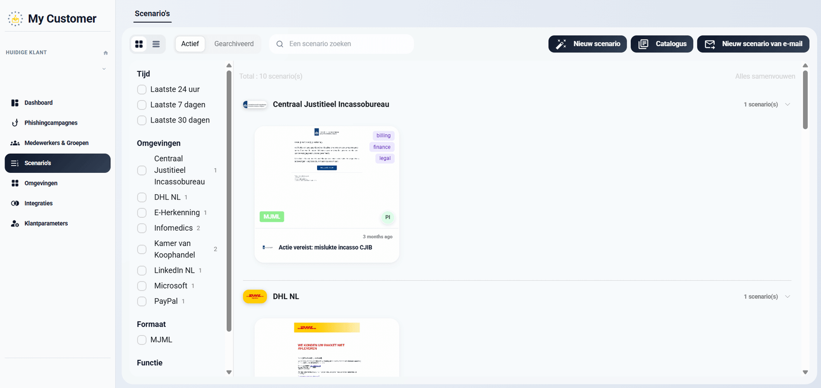 Scenario-overzicht in Phishing Expert